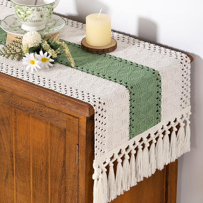 Socomi Boho Table Runner Easter Spring Farmhouse Rustic Dining Kitchen Decor Small Macrame Woven Cotton Linen Coffee Table Runner for Dresser Scarf Home Decor 12x48 inch Sage Green Ivory