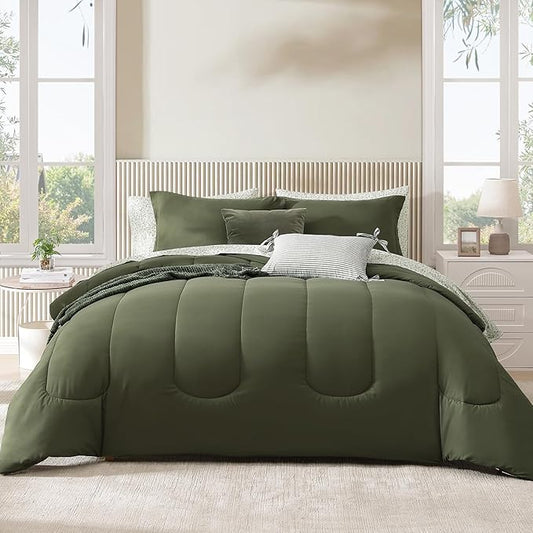Monbix King Size Comforter Set - 7 Pieces Bed in a Bag King, Olive Green Track Stitching Bedding Sets, All Seasons Comforter Bed Set with Sheets, Pillowcases & Shams