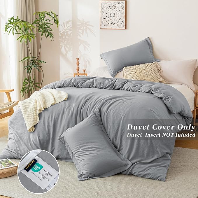 MILDLY Super Soft Duvet Cover - 100% Washed Microfiber Grey Comforter Cover Set 3 Pieces with Zipper Closure & Corner Ties (No Comforter)