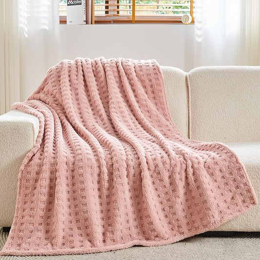 NEWCOSPLAY Super Soft Throw Blanket Pink Premium Silky Flannel Fleece 3D Waffle Checkered Lightweight Bed Blanket All Season Use (Pink, Throw(50"x70"))