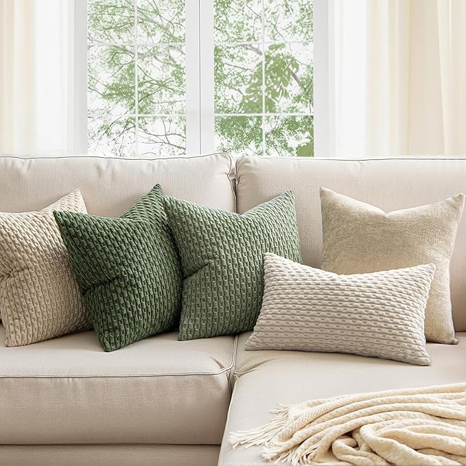 MIULEE Pack of 2 Decorative Throw Pillow Covers 22x22 Inch Soft Boho Striped Textured Corduroy Pillow Covers Spring Modern Farmhouse Home Decor for Couch Bed Sofa Living Room Sage Green