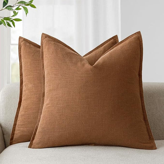 Foindtower Pack of 2, Decorative Linen Soild Throw Pillow Covers Soft Accent Cushion Case Boho Farmhouse Pillowcase for Chair Couch Sofa Bedroom Living Room Home Decor 26 x 26 Inch Orange Brown