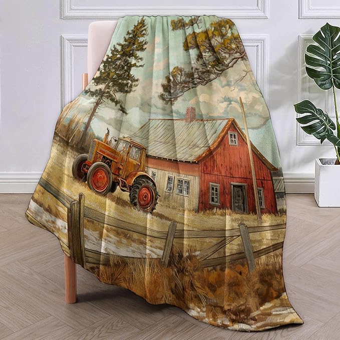 Vintage Farmhouse Flannel Blanket, Rustic Country Scenery with Tractor and Barn Soft Lightweight Throw Blankets Gifts for Adults,50" x 60" Perfect for Couch Bed Home Travel Decor