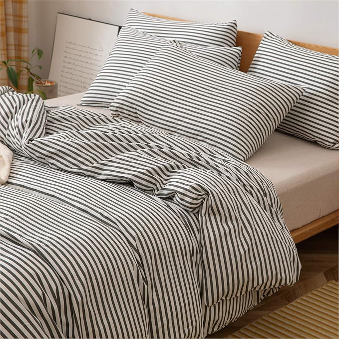 JELLYMONI 100% Natural Cotton 3pcs Striped Duvet Cover Sets,White Duvet Cover with Dark Grey Stripes Pattern Printed Comforter Cover,with Zipper Closure & Corner Ties(Full Size)