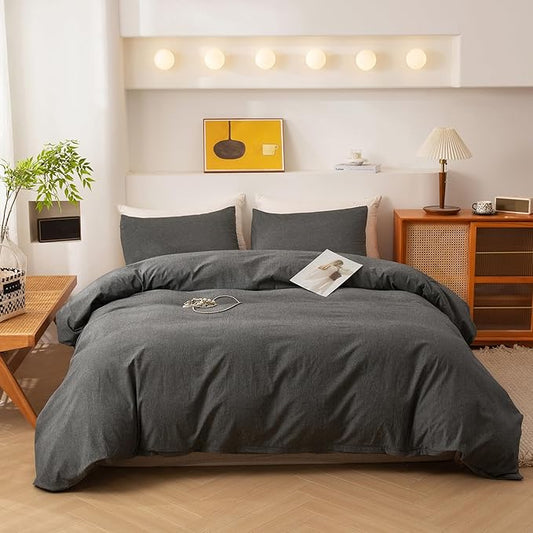 ECOCOTT Grey Duvet Cover Queen Size, 100% Washed Cotton 1 Duvet Cover with Zipper and 2 Pillowcases, Ultra Soft and Easy Care Breathable Cozy Simple Style Bedding Set(Dark Grey)