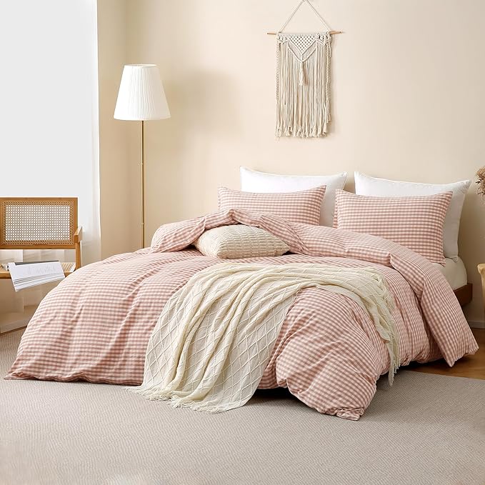 TOCOMOA Pink Tan Gingham Duvet Cover Bedding Set 100% Washed Cotton Like Linen Feel Super Soft Comfy 2 Piece Vintage Plaid Checkered Fall Comforter Cover Set (Twin 68"x90", Comforter Not Included)
