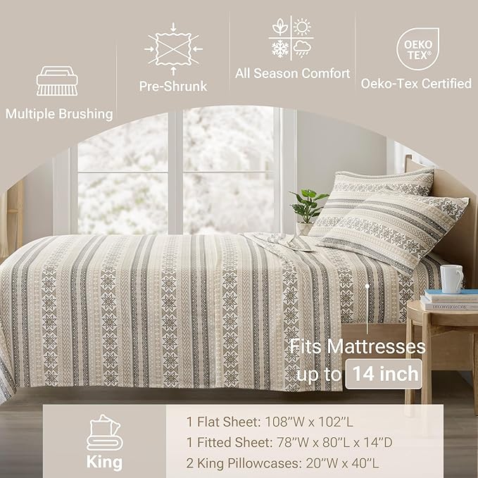 True North by Sleep Philosophy Flannel Sheets King Size, Cozy 100% Cotton Flannel Bed Sheets, Ultra Soft Cute Sheet Set, Elastic Pocket Fits Up to 14" Mattress, Nordic 4 Piece