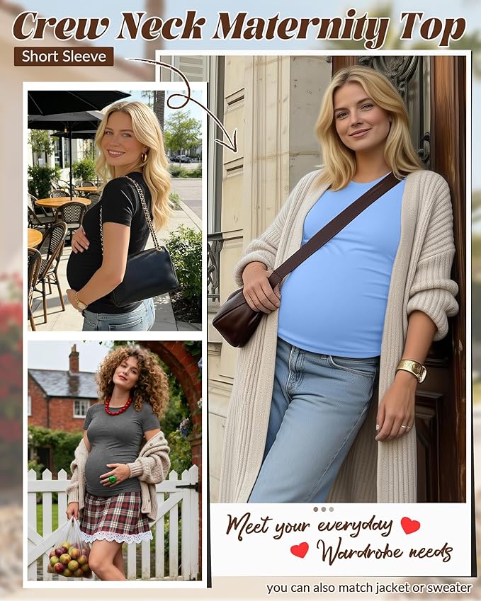 Huukeay 4 Pack Women's Maternity Shirts, Crew Neck Maternity Top Short Sleeve Casual Cotton Tee Side Ruched Pregnancy Clothes