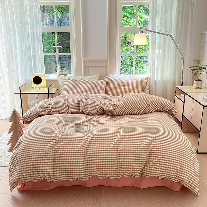 LifeTB Pink Plaid Gingham Duvet Cover King 3 Pieces Checkered Grid Duvet Cover 100% Washed Cotton Coral Pink Plaid Comforter Cover with Zipper Ties 2 Pillowcases Breathable Soft Gingham Bedding Set