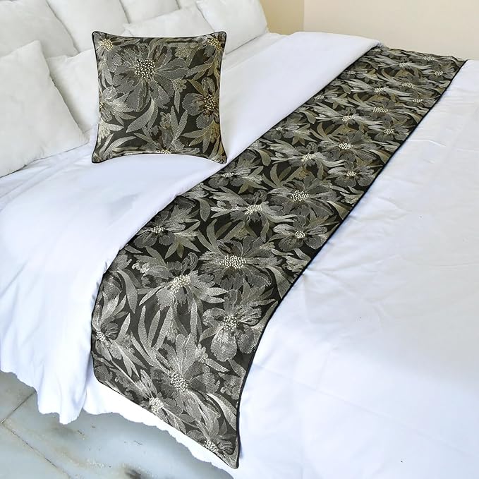 The HomeCentric King/Queen/Twin Grey Decorative Bed Runner King 90"x18" Bed Runner Without Pillow Cover, Embroidery, Floral, Pearl Bed Scarf on Jacquard Fabric - Liana
