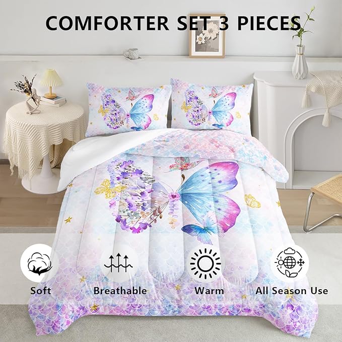 Axolotl Butterfly Bedding Twin,Rainbow Butterfly Comforter Set for Girls Teens,Butterfly Bedding for Girls with Golden Star Scales Pattern,Butterfly Printed Quilt Set with 1 Comforter 2 Pillowcases