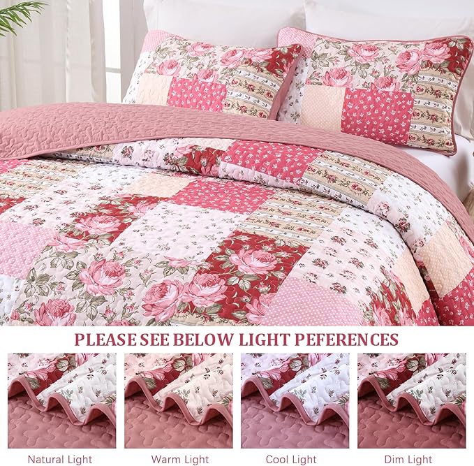 Anibedding 3Pieces Patchwork Quilts King Size, Bohemian Red Flower Plaid Bedspreads with Double Pillowcases for All Season