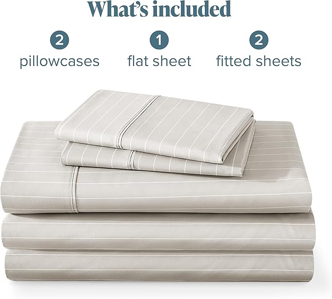 Bare Home Split King Sheet Set - 1800 Ultra-Soft Microfiber Double Brushed - Deep Pockets - Easy Fit - 5 Piece Set - Bed Sheets (Split King, Pinstripe - Stone/White)