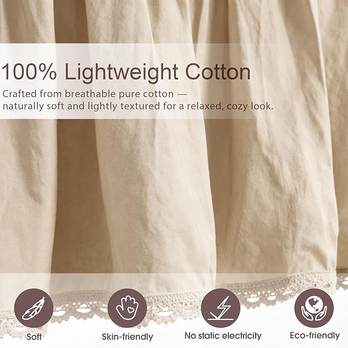 Queen Size 14 inch Drop Ivory Dust Ruffle, 100% Lightweight Cotton Ruffled Bed Skirt, French Coutry Style, Lace Ruffled Bed Skirt with Split Corners