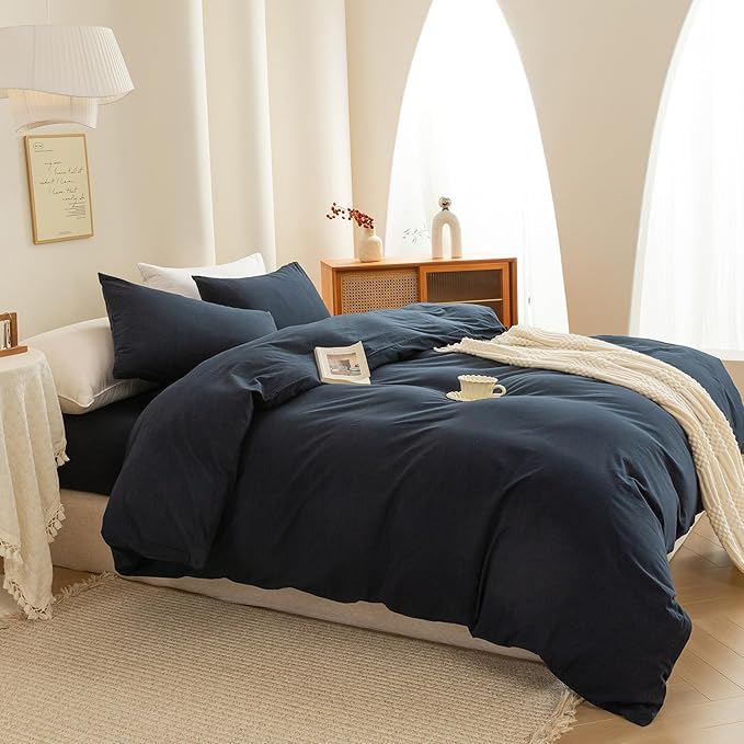ECOCOTT Navy Blue Duvet Cover Twin Size - 100% Washed Cotton Durable Soft Comfy Duvet Cover Set, 3 Pieces Duvet Cover with Zipper Closure (Navy Blue, 68''x90'')