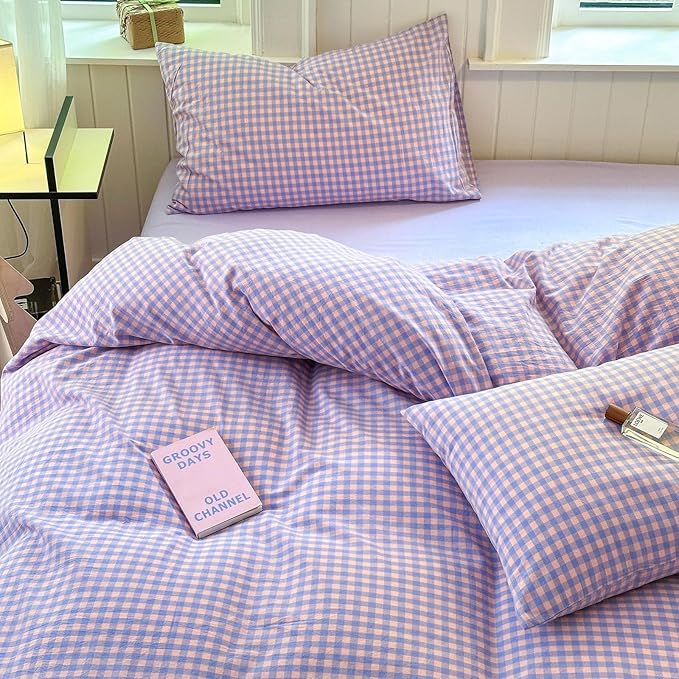 LifeTB Twin XL Comforter Set Purple Gingham Comforter with 2 Pillowcases Purple Pink Grid Plaid Comforter Set for Girls Women Fluffy Soft Lightweight Bedding Set Fluffy Checkered Comforter Twin XL