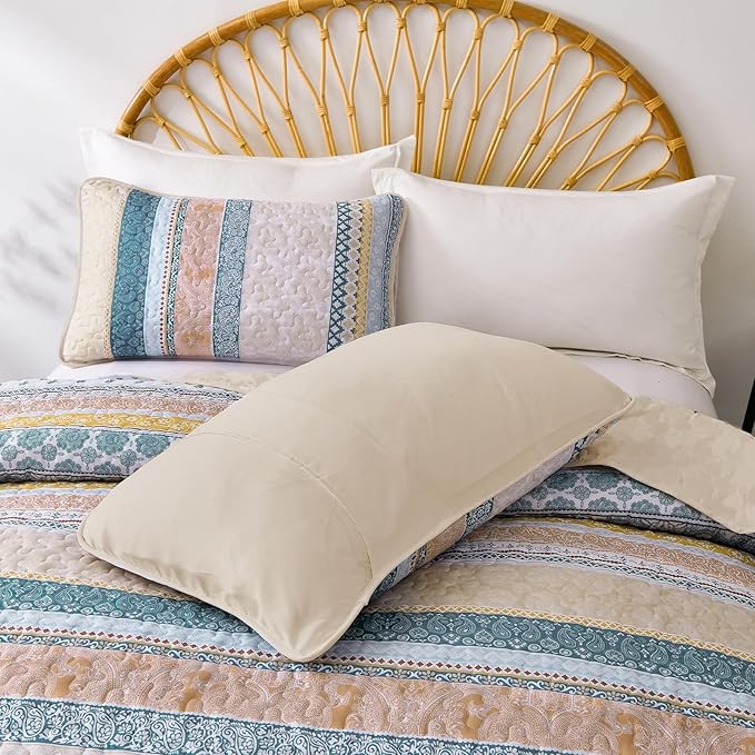 WONGS BEDDING Boho Quilt Set Twin Size, Yellow Bohemian 2 Pieces Fall Quilt Sets, Blue Lightweight Bedspread Coverlet Bedding Set for All Season (68"x86")