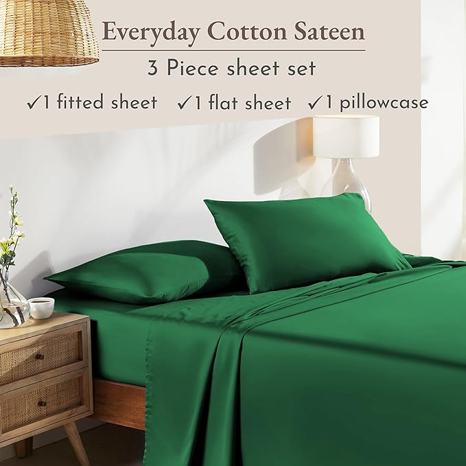 California Design Den Natural 100% Cotton Bed Sheets Twin Size Set - Soft Sateen Twin Sheets with 12" Pockets, Breathable and Durable Bedding Set for Dorm Rooms, College (Emerald Green)