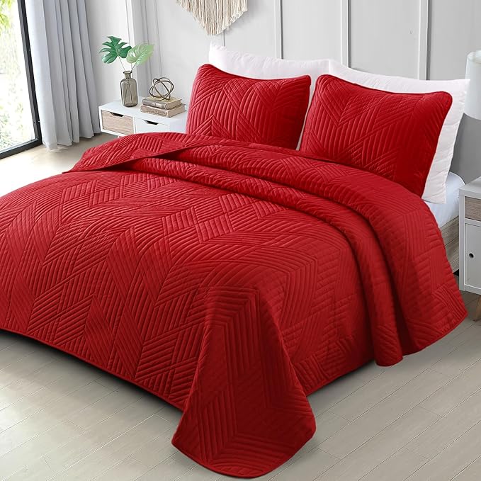 Exclusivo Mezcla Ultrasonic Twin Quilt Bedding Set, Lightweight Red Bedspreads Soft Modern Geometric Coverlet Set for All Seasons (1 Quilt and 1 Pillow Sham)