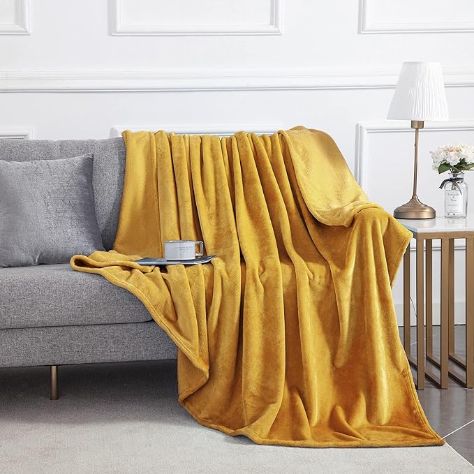 MOONLIGHT20015 Fleece Blanket Queen Size - Super Soft Fuzzy Throw Blanket for Couch and Sofa - Lightweight Luxury 400 GSM Microfiber Fluffy Bed Blankets and Throws, 90 x 90 Inches (Queen, Mustard)