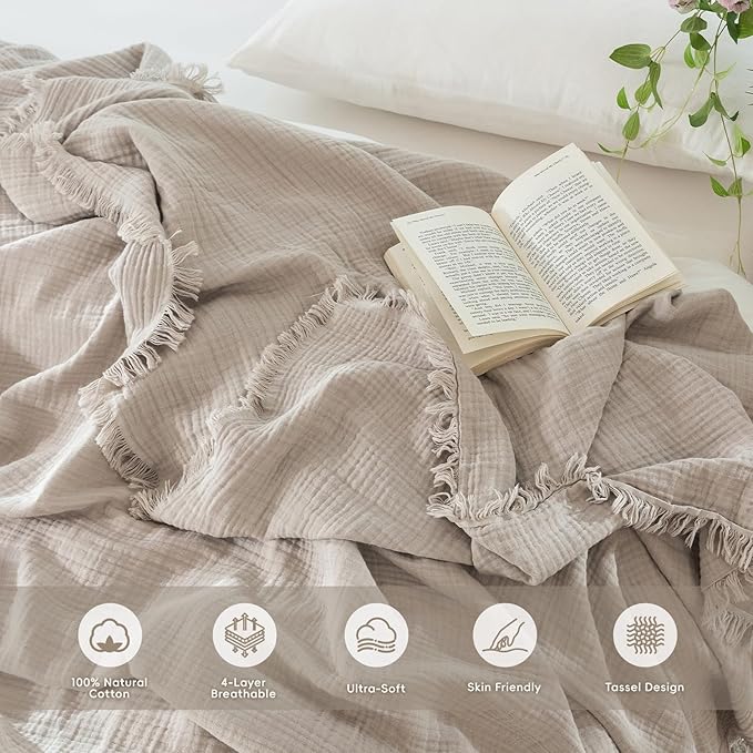 MooMee Muslin Blanket - 100% Cotton 4-Layer Gauze Throw Blanket with All-Around Fringe, Ultra-Soft Breathable Lightweight Cooling Decorative for Bed, Sofa & Couch (Cream Grey, Queen 90" x 90")