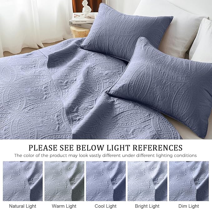 akkialla King Size Quilt Set,Bluish Grey Ultrasonic Bedspread,Lightweight Soft Coverlet with Modern Coin Pattern,All Season California King Bedding Set,3 Piece Set(1 Quilt,2 Pillow Shams)