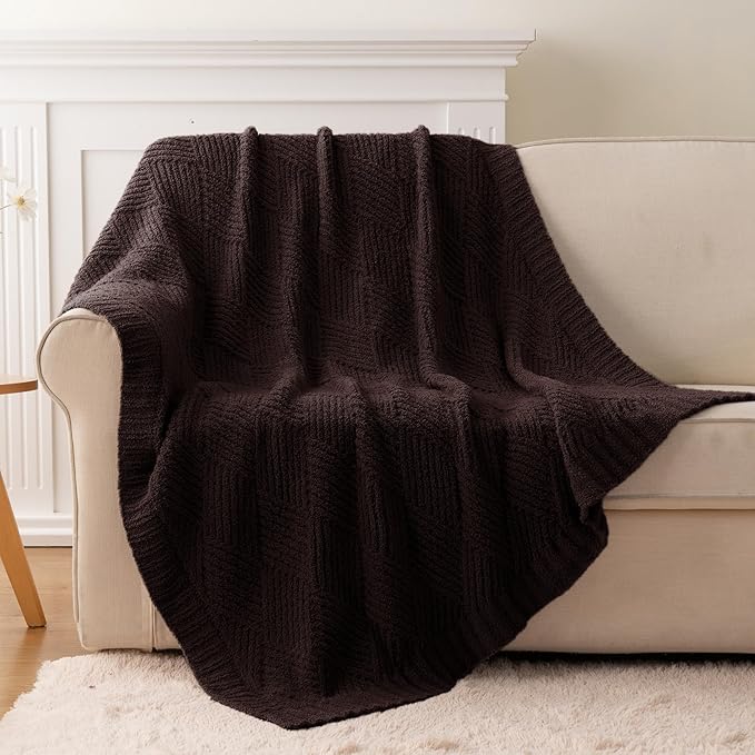 Battilo Brown Diamond Knit Throw Blanket for Couch and Bed, Soft Textured Chenille Blanket, Cozy Lightweight Decorative Blanket for Sofa, 50"x60"