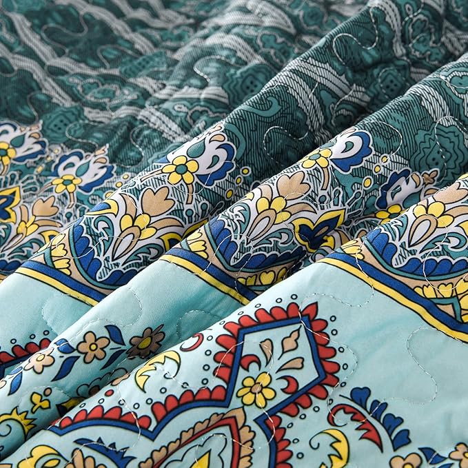 WONGS BEDDING Boho Full Quilt Set,3 Pieces Green Brown Bohemian Full Size Bedding Set Lightweight Microfiber Bed Decor Bedspread for All Season 78"x90"