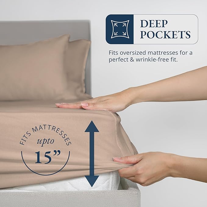 LANE LINEN 100% Organic Cotton Fitted Sheet Queen (+Pillowcases), Soft & Comfy Breathable Naturally Cooling Low Pill Oeko Tex Certified Fitted Sheet Queen Deep Pocket 15" - Taupe