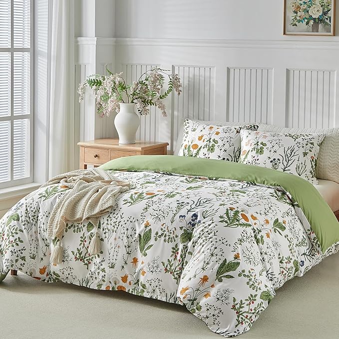 Lekesky Queen Size Duvet Cover Set, Lightweight Soft Microfiber Comforter Cover, Reversible Duvet Cover Queen with Floral Pattern, 3 Pieces Green Bedding Set with Zipper and 2 Pillowcases