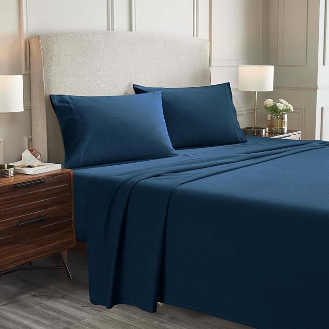 Superior Flannel Cotton Bed Sheet Set, Set Includes: One Flat Sheet, One Fitted Sheet and One Pillowcase, Breathable, Modern Solid Classic, Twin, Navy Blue