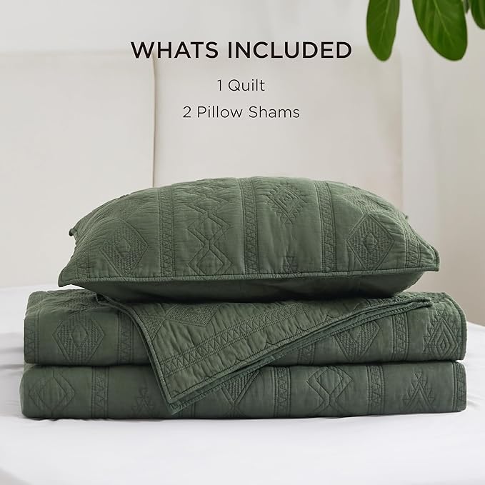 Bedsure 100% Cotton Quilt Set - Queen Size Bedspread, Lightweight Soft Bed Coverlet, 3-Piece Cozy Stitching Comforter with 2 Pillow Shams in Geometric Pattern for All Season, 90x96 inches, Olive Green