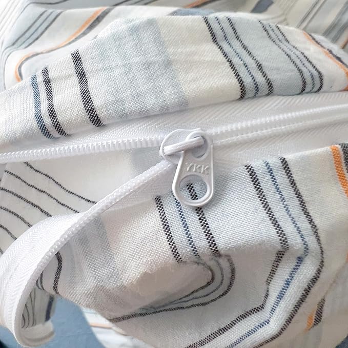 VM VOUGEMARKET Blue Striped Duvet Cover Set King 100% Washed Cotton Linen Like Textured Breathable Durable Soft Comfy Bedding Set - King 104"x90"