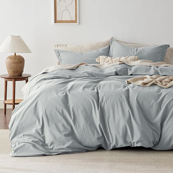 Bedsure 100% Washed Cotton Duvet Cover Full Size - Pastel Blue Minimalist Cotton Duvet Cover Linen Like for All Seasons - GentleSoft™ Plain Simple Bedding (Pastel Blue, Full, 80"x90")