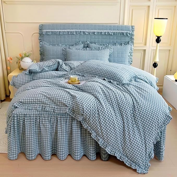 LifeTB Twin XL Comforter Set Blue Gingham Comforter with 2 Pillowcases Ruffle Plaid Grid Pattern Comforter Set for Men Boys Fluffy Soft Lightweight Bedding Boho Plaid Checkered Comforter Twin XL