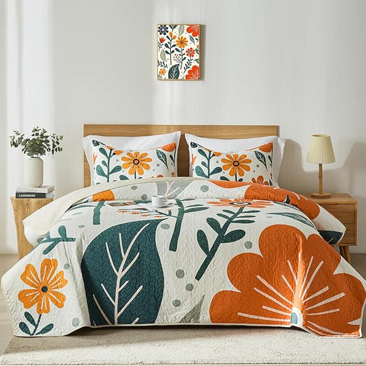 Yogeneg Queen Quilt Bedding Set,White Orange Botanical Pattern Beige Full/Queen Quilt Set,3 Piece Lightweight Soft Summer Bedspread Coverlet with 2 PIillow Shams,All Season(Beige,90"x96")