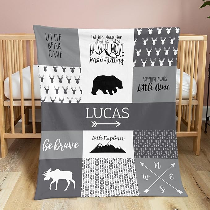 Custom Micro Fleece Baby Blanket for Boys with Double Layer, Breathable and Soft Lightweight Receiving Blanket for Newborns, 35x45 Inches, Woodland Bear, Gray