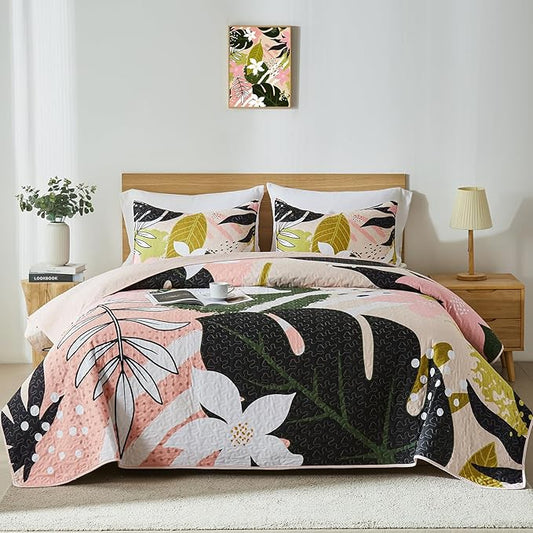 Yogeneg King Quilt Bedding Set,Elegant Botanical Pattern Oliver Green King/Cal King Quilt Set,3 Piece Lightweight Soft Summer Bedspread Coverlet with 2 PIillow Shams,All Season(Oliver Green,110"x96")
