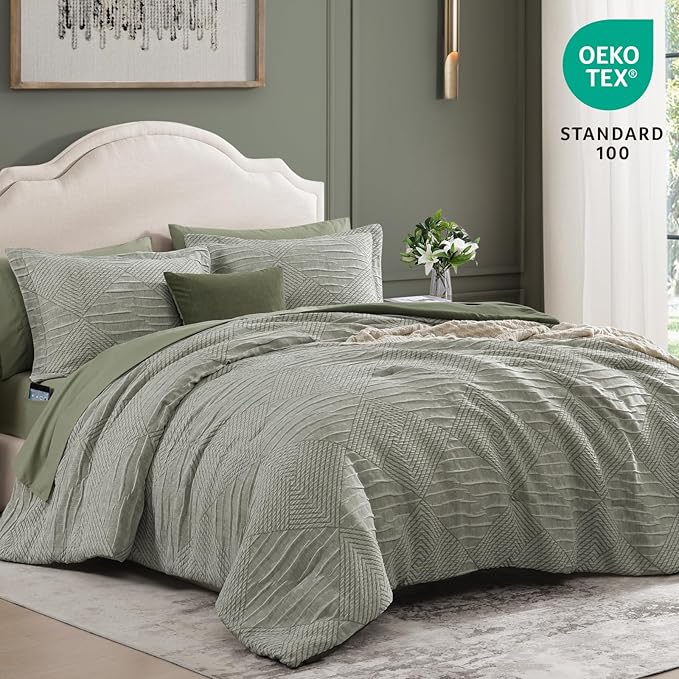 MaiRêve Queen Comforter Set Crinkle Textured, Light Olive Green Diamond Boho Bedding Set 7 Pieces Bed in A Bag, All Season Geometric Comforter Set with Sheets, Pillowcases & Shams
