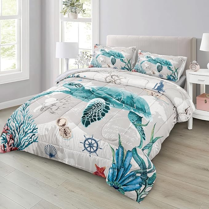 Bedbay Coastal Bedding Set Queen Size for Girls Boys - Soft Lightweight Ocean Bedding Quilt Set - Beach Room Decor 4 Pcs Retro Turtle Beach Theme Duvet Insert