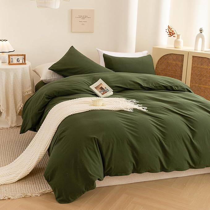 ECOCOTT Army Green Duvet Cover California King Size - 100% Washed Cotton Durable Soft Comfy Duvet Cover Set, 3 Pieces Duvet Cover with Zipper Closure (Army Green, 104''x98'')