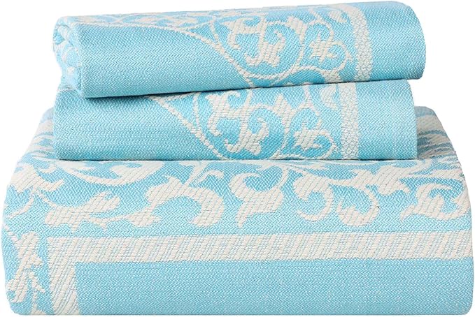 Superior Cotton Blend Bedspread Set, Includes Oversized Bedspread and 2 Matching Pillow Shams, Light Weight Blanket, Bedding Decor, Jacquard Vintage Floral Mandala, Lyron Collection - King, Aqua