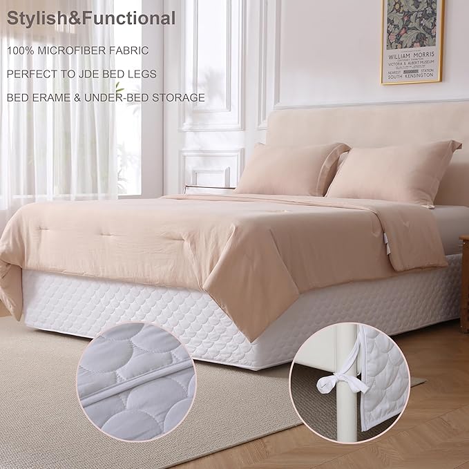 Queen Size White Bed Skirt with 14-Inch Drop, Easy Fit Wrap-Around Cover for Bed, Wrinkle-Free and Fade-Resistant Box Spring Cover.(White Seashells, Queen)