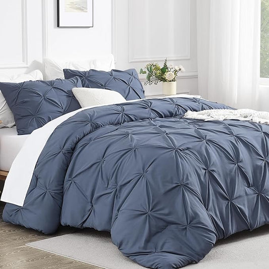 Andency California King Comforter Set Dark Blue Grey (104x96Inch), Pinch Pleat Cal King Comforter Set 3 Pieces, Oversized King Pintuck Bed Comforter, Microfiber Down Alternative Comforter Bedding Set