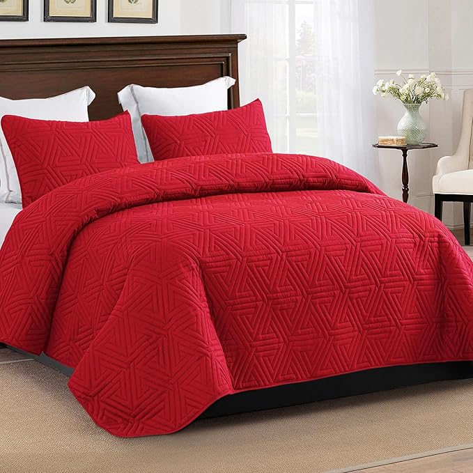 Whale Flotilla Soft Twin Size Quilt Set for All Seasons, 2-Piece Ultrasonic Geometric Quilts Bedding Set, Lightweight Reversible Bedspread, Coverlet, Bed Cover with Pillow Sham, Red
