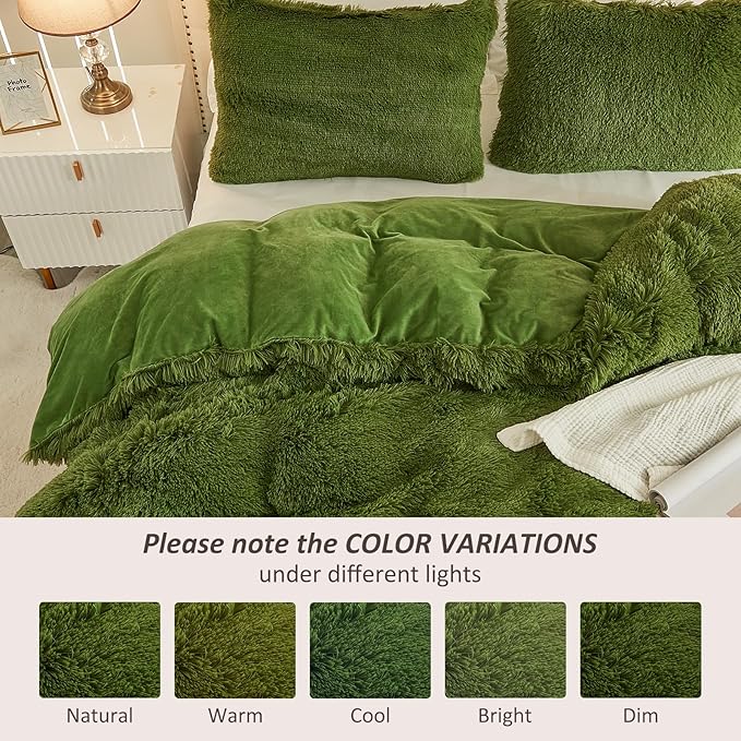 EMME Luxury Green Fuzzy Duvet Cover Set King Size 3 Pieces Fluffy Comforter Cover Set for King Bed Shaggy and Plush Soft Bedding Duvet Covers (Green, King)