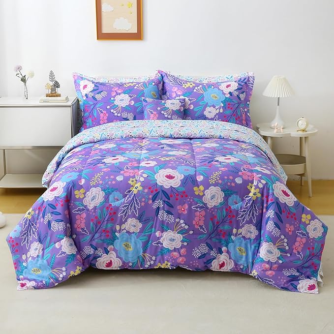 Mooreeke Kids Twin Comforter Sets for Girls 6 Pieces Purple Floral Bedding Set for Teens Microfiber Flowers Kids Bed in A Bag with Comforter, Sheet Set, Shams and Decorative Toy Pillow All Season
