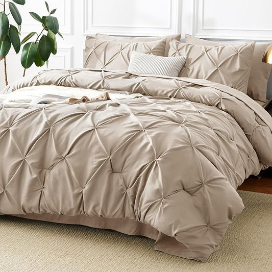 CozyLux King Size Comforter Set Wheat, 7 Pieces Pintuck Bed in A Bag Wheat Comforter King Size, Pinch Pleat Bedding Set with All Season Comforter, Sheets, Pillowcases & Shams