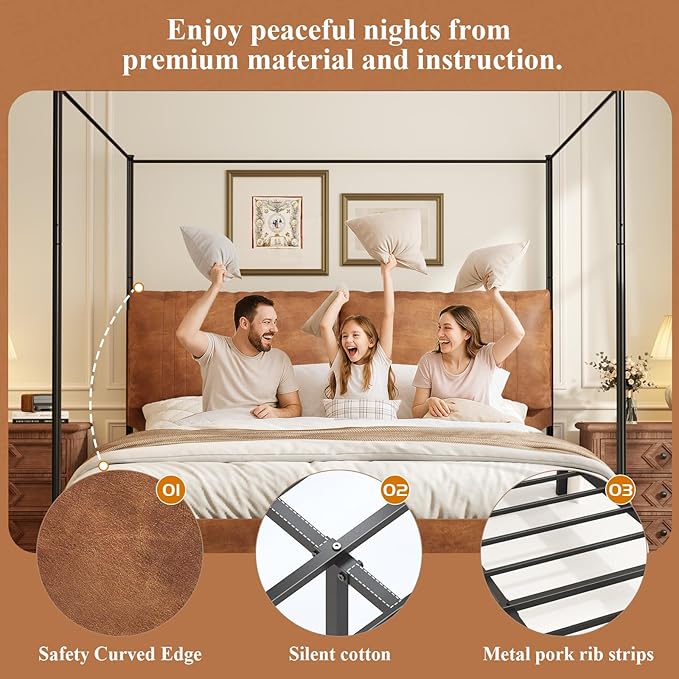 Modern Canopy Bed Frame with Upholstered Faux Leather Headboard – Tall Four Poster Metal Platform Bed, No Box Spring Needed, King Size, Brown and Black