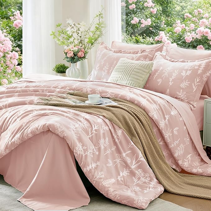 MUXHOMO Cameo Pink Cal King Comforter Set, Elegant Floral Print Bed in a Bag 7 Pieces, Ultra Soft & Breathable Reversible Botanical Pattern Bedding Set with Comforter, Sheets, Pillowcases, and Shams